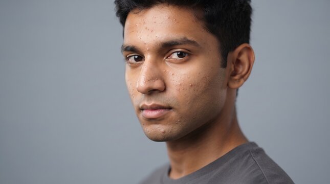 Portrait of a young South Asian man with acne breakouts and blemishes on his face