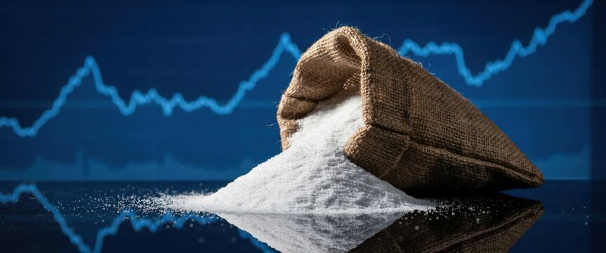 Sack of sugar with financial market graph background