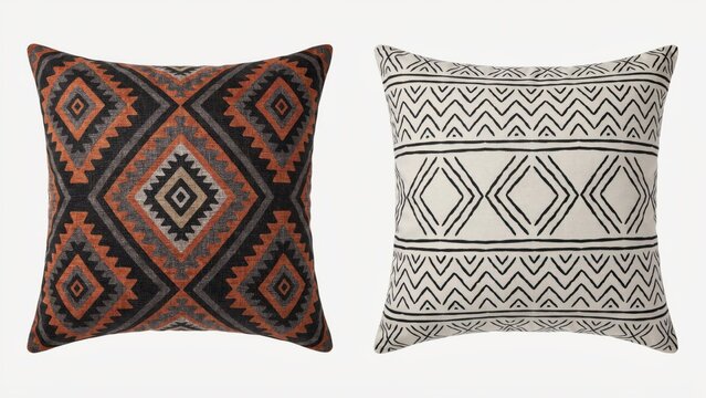 Two decorative throw pillows with geometric tribal patterns isolated on white background