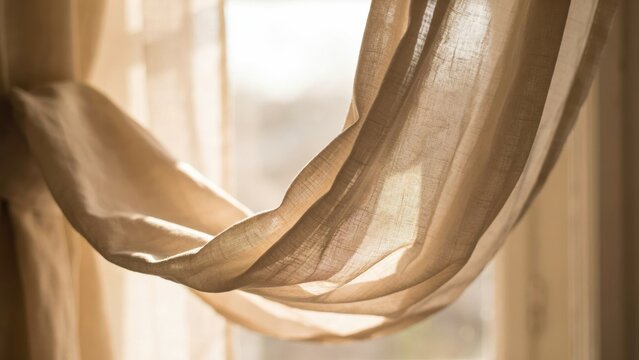 Soft beige curtain draped in front of a bright window with natural sunlight