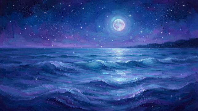 Oil painting of a serene moonlit ocean scene with a full moon reflecting on gentle waves under a starry night sky