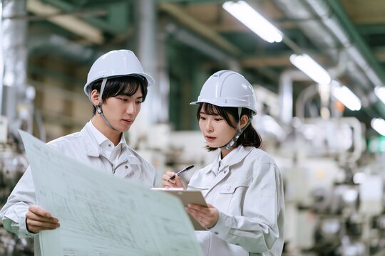 製造業で働く若い日本人技術者が図面確認し議論する