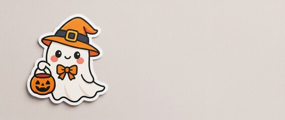 Fototapeta premium Cute Cartoon Ghost Wearing a Witch Hat and Bowtie Holding a Pumpkin Candy Bucket for Halloween Celebration, Minimalist Sticker Illustration on Gray Background with Copy Space