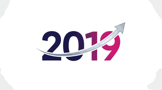 2019 year typography with rising arrow, business growth and financial success concept, blue and pink gradient numbers for annual report isolated on White Background