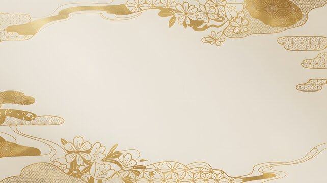 Elegant japanese background featuring ornate gold floral patterns and traditional geometric motifs on soft cream paper