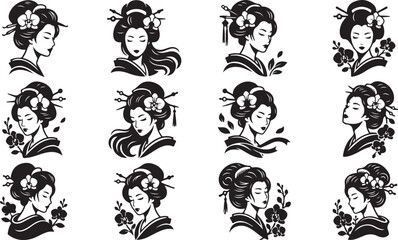 Obraz premium Twelve black and white of japanese geisha portraits decorated with tropical orchid flowers and hair accessories