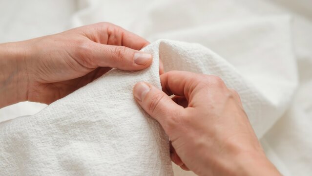 Closeup of hands holding and inspecting a piece of white textured fabric