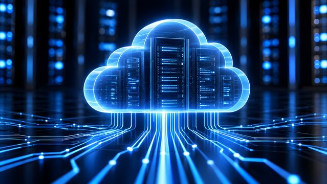 Glowing holographic cloud icon hovering above server racks with digital data streams representing cloud computing and database storage