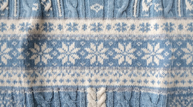 Close up of blue and white knitted sweater with snowflake and cable knit pattern
