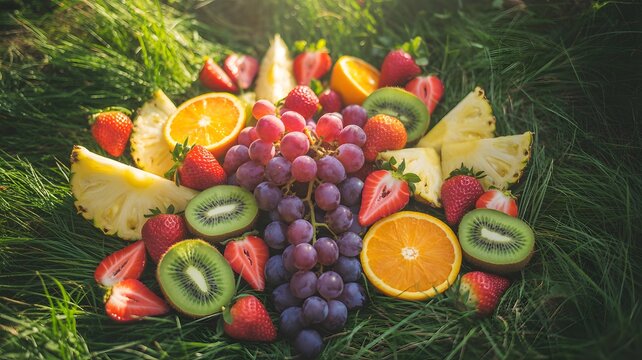 Vibrant arrangement of fresh tropical fruits and juicy berries resting upon lush green summer grass meadow