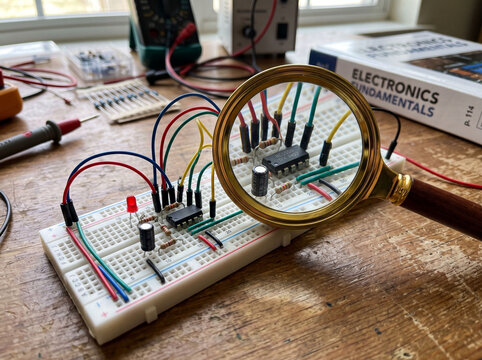 Magnifying glass zooming in on complex breadboard circuit design on workshop wooden table.
