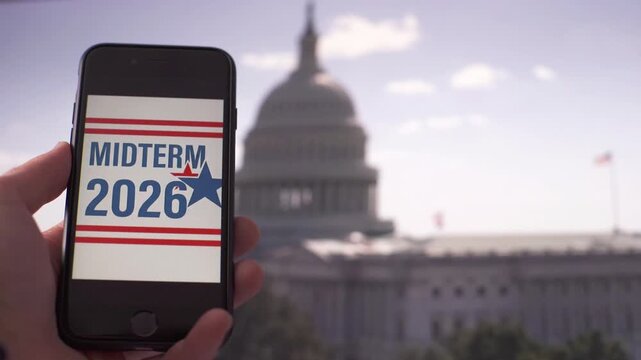 Online voting in the US midterm elections: a smartphone with the Capitol building in the background.