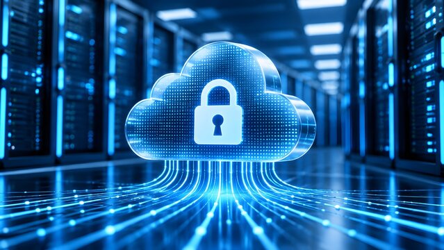 Glowing blue cloud storage icon with padlock in server room representing secure cloud computing and encrypted data privacy