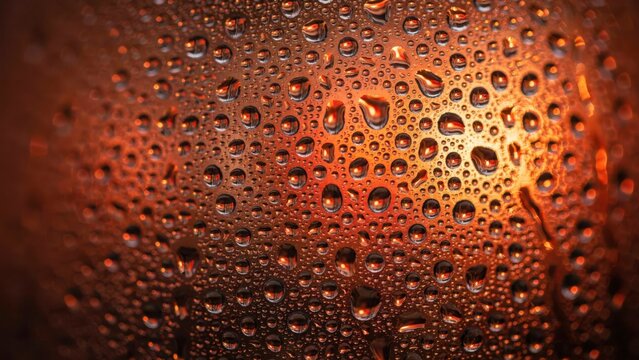 Macro closeup of water droplets on a cold glass surface with warm orange lighting