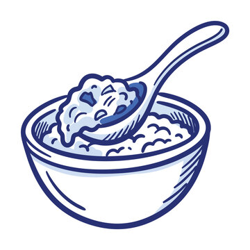 Hand Drawn Spoon Scooping Creamy Mashed Potatoes Or Porridge From Bowl