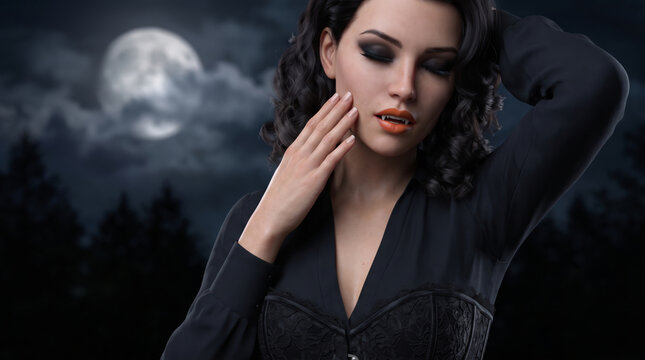 Vampire drinking blood under full moon during Halloween with dark makeup and intense expression. Horror fear evil dracula monster. dark gothic fantasy mystery night, elegant wine party