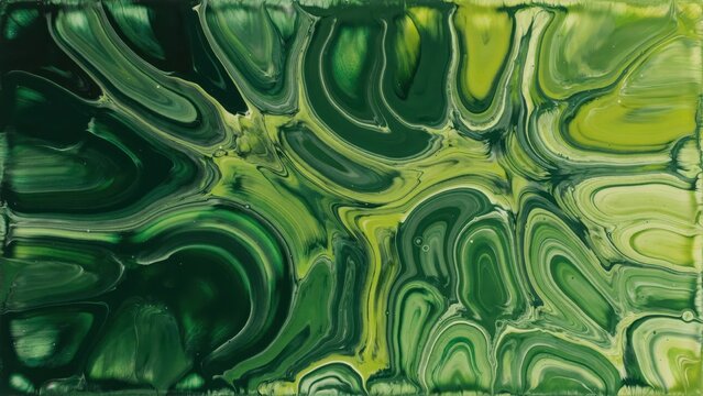 Abstract fluid art background with swirling green and yellow paint patterns