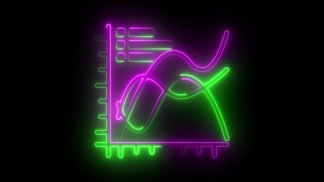 Neon glowing line graph and bar chart icon representing financial data analysis on black