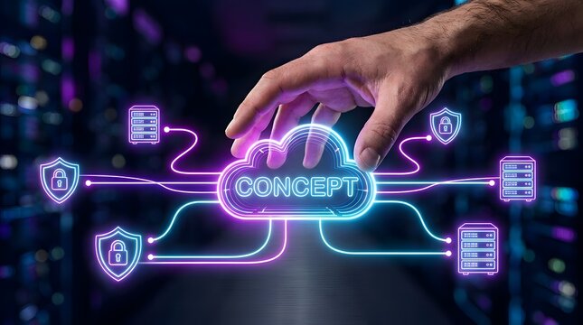 Hand hovering over a glowing neon cloud icon with digital security shields and server symbols on a blurred data center background representing cloud computing and cybersecurity technology concept.