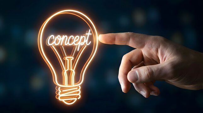 A human hand touching a glowing neon lightbulb with the word concept inside, representing innovative ideas, creative thinking, business strategy, and inspiration on a dark bokeh background.