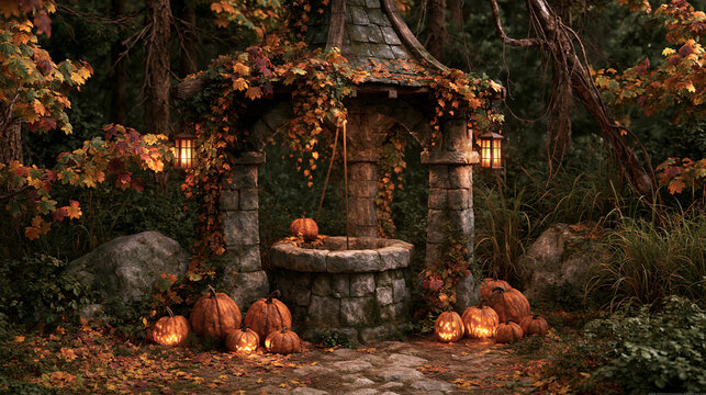 Enchanted stone well covered with autumn leaves and glowing carved jack-o-lantern pumpkins in dark forest