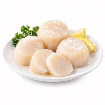 Fresh Raw Scallops with Sliced Scallop on White Plate