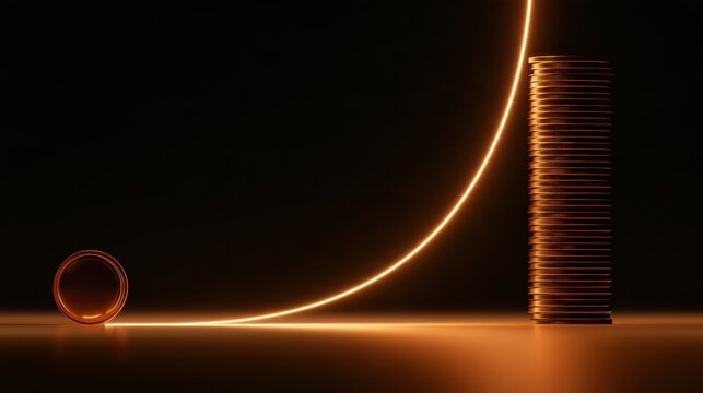 A single amber coin grows into a large stack over time, showing the concept of compound interest against a dark background.
