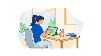 Obraz premium Woman drawing on digital tablet at desk, creative workspace, isolated