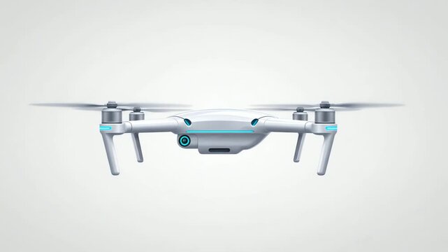 Modern white quadcopter drone with camera hovering in studio background for aerial photography and video surveillance technology
