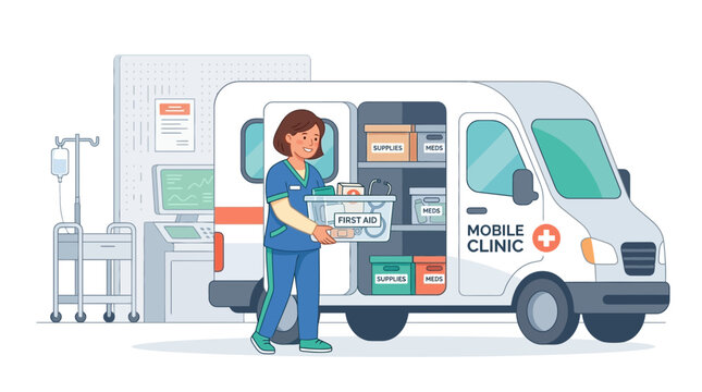Mobile clinic nurse with first aid kit, medical van and equipment