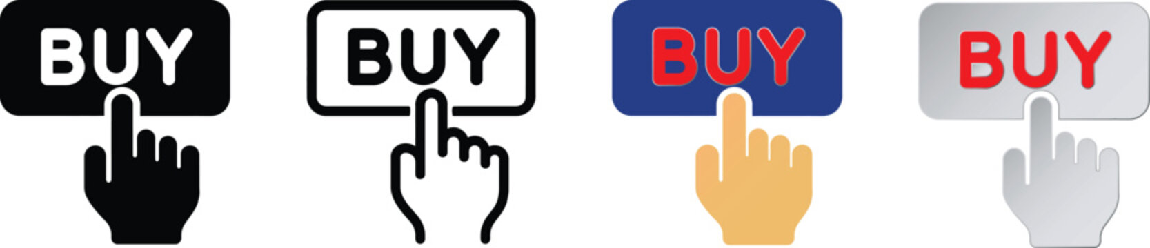 Buy button icon set with hand clicking symbol, ecommerce purchase, hand pointer, online shopping, digital payment and ecommerce marketing, vector illustration