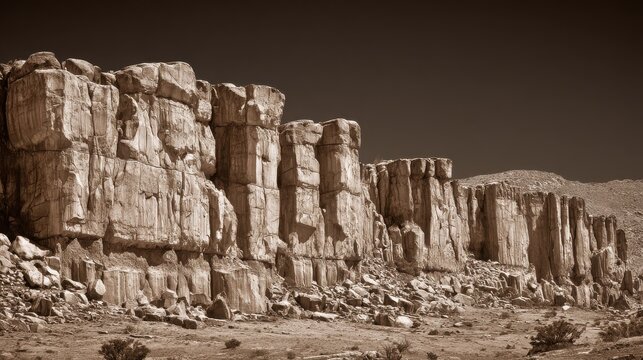 Towering basalt columns forming a dramatic natural sculpture along a rocky terrain under a dark sky