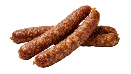 Fototapeta premium Group of four smoked sausages browned and textured, isolated on transparent background