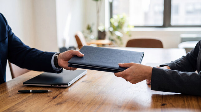 Business professionals exchanging a portfolio during a meeting with selective focus on a wooden table