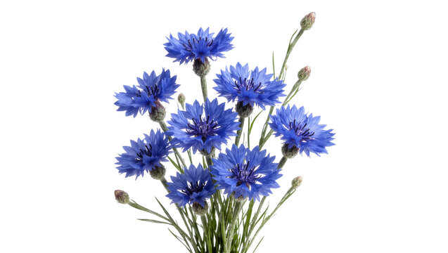 Bouquet of vibrant blue cornflowers with buds, isolated on transparent background