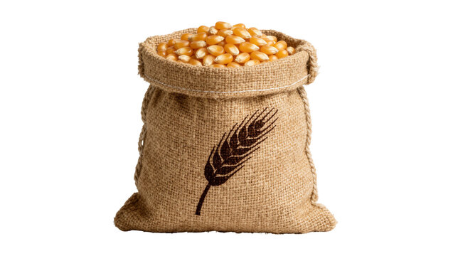 Full burlap sack of golden corn kernels decorated with wheat emblem, isolated on transparent background