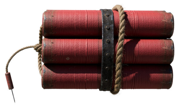 Dynamite sticks bound with rope and metal band, isolated on transparent background