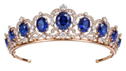 Ornate rose gold tiara with oval blue sapphires and diamonds, isolated on transparent background © Nicolae