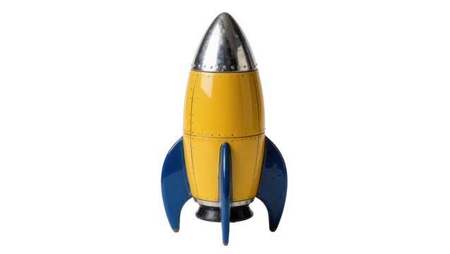 Retro yellow and blue rocket ship with silver nose cone, isolated on transparent background