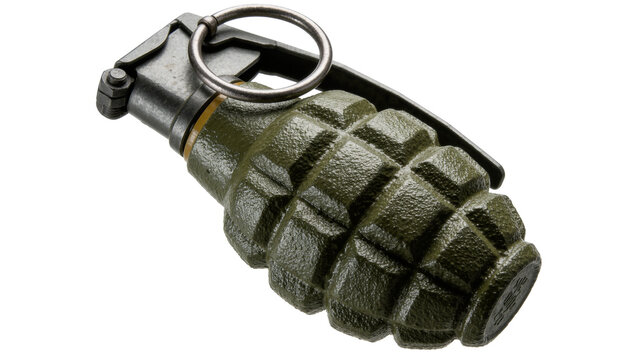 Olive green fragmentation hand grenade with metal safety lever and ring, isolated on transparent background