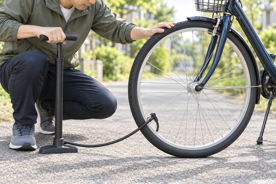 走行前にフロアポンプで自転車タイヤへ空気を入れる男性