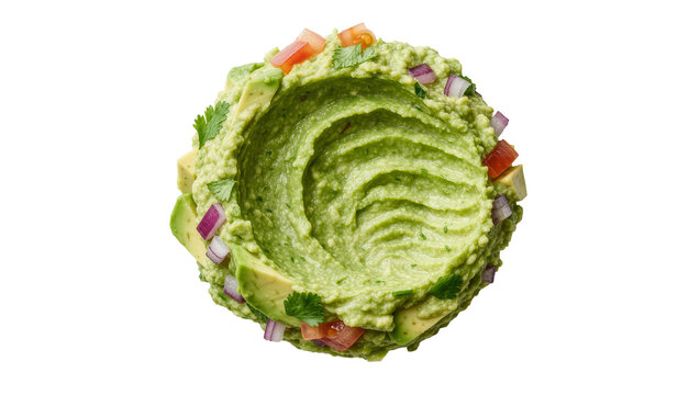 Freshly made guacamole with diced tomatoes red onions and cilantro, isolated on transparent background