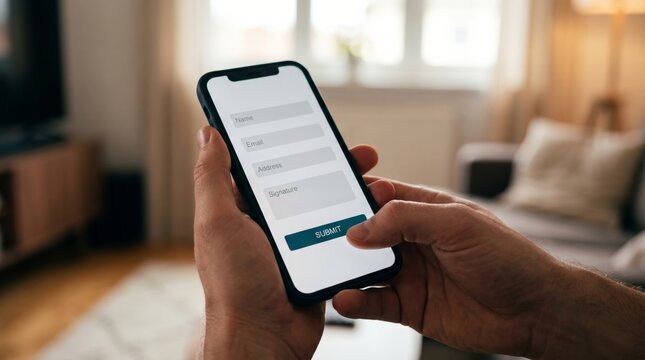 Hands holding a smartphone, interacting with an online registration or login form on the screen in a modern home environment