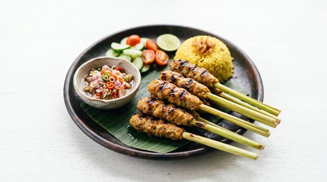 High angle view of delicious Balinese sate lilit on lemongrass skewers with yellow rice, sambal matah, cucumber, tomato, and lime on a dark plate over a white background.
