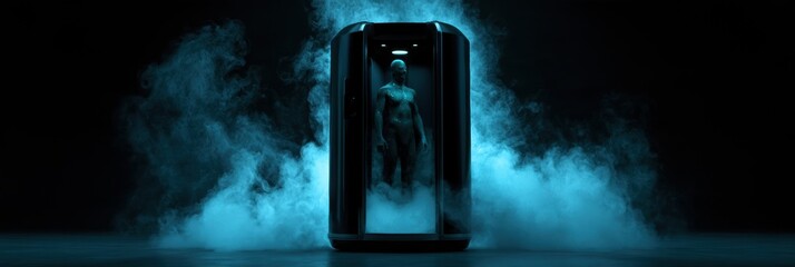 Fototapeta premium A sleek dark cryotherapy chamber displays a glowing figure inside. The atmosphere is filled with cool blue mist, highlighting recovery concepts.