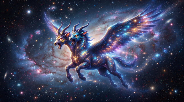 A majestic two-headed winged dragon flying through a colorful cosmic galaxy filled with stars, nebulae, and distant galaxies, creating a magical fantasy and celestial scene.