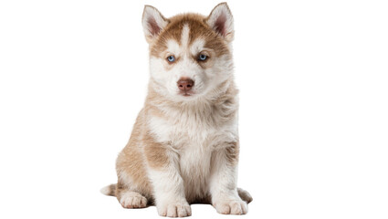 Fluffy Siberian Husky puppy with blue eyes sitting, isolated on transparent background © Nicolae