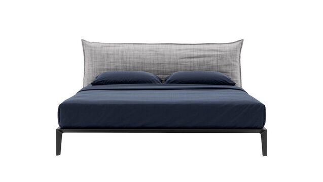Modern upholstered bed with dark blue bedding and grey textured headboard, isolated on transparent background