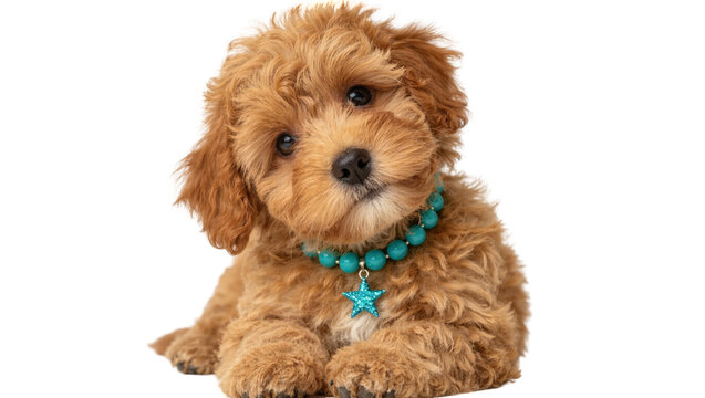 Fluffy brown poodle mix puppy wearing a turquoise beaded collar with a star charm, isolated on transparent background