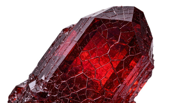 Deep red faceted crystal cluster with intricate geometric patterns, isolated on transparent background